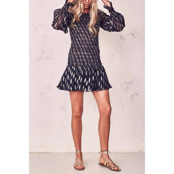 LoveShackFancy Scarlett Dark Navy Gold Smocked Mini Dress $375 - Picture 2 of 10
